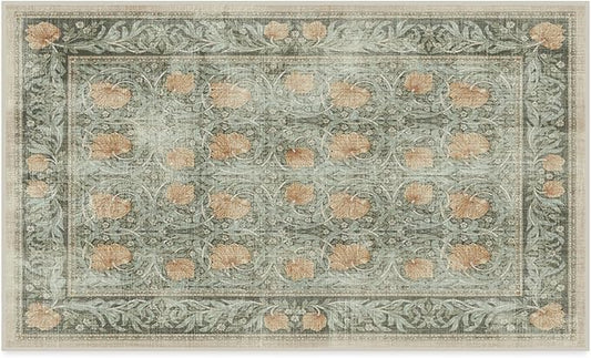 RUGGABLE x Morris & Co Washable Area Rug – Pimpernel Vintage Green 3x5, Stain-Resistant, Non-Slip – Small Machine Washable Rugs for Living Room, Bedroom, Hallway, Entryway & Office–with Standard Pad