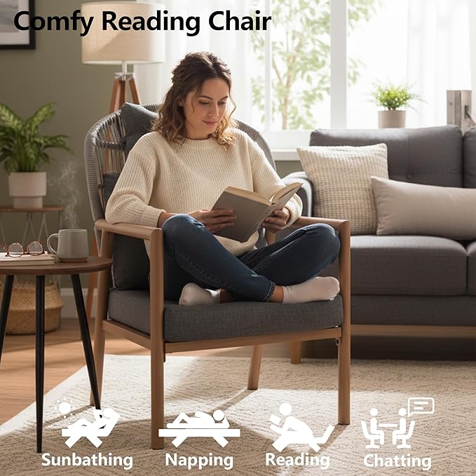 Modern Living Room Chairs, Accent Chairs Set of 2 with Coffee Table, Comfy Arm Chair with Cushions/Headrest, Reading Lounge Chair, Rattan Recliner Seating, Braid Armchair for Bedroom, Grey