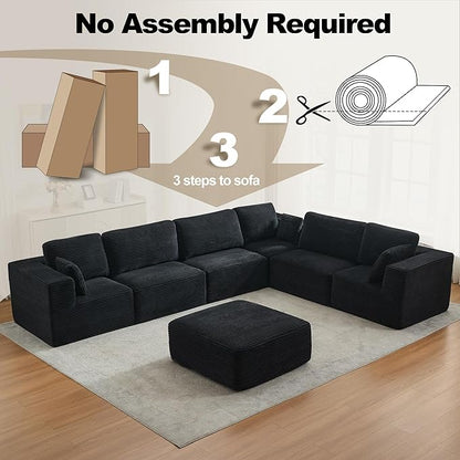 L-Shape Cloud Modular Sectional Sofa Couch,Modern Boneless Sectional Couch with Deep Seat,Upholstered Couches for Living Room Bedroom,No Assembly Required,Black