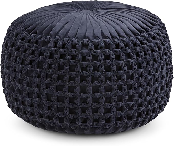 SIMPLIHOME Renee Boho Round Pouf in Navy Velvet Fabric for the Living Room, Bedroom and Kids Room