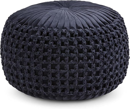 SIMPLIHOME Renee Boho Round Pouf in Navy Velvet Fabric for the Living Room, Bedroom and Kids Room
