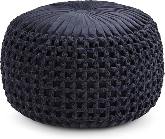 SIMPLIHOME Renee Boho Round Pouf in Navy Velvet Fabric for the Living Room, Bedroom and Kids Room