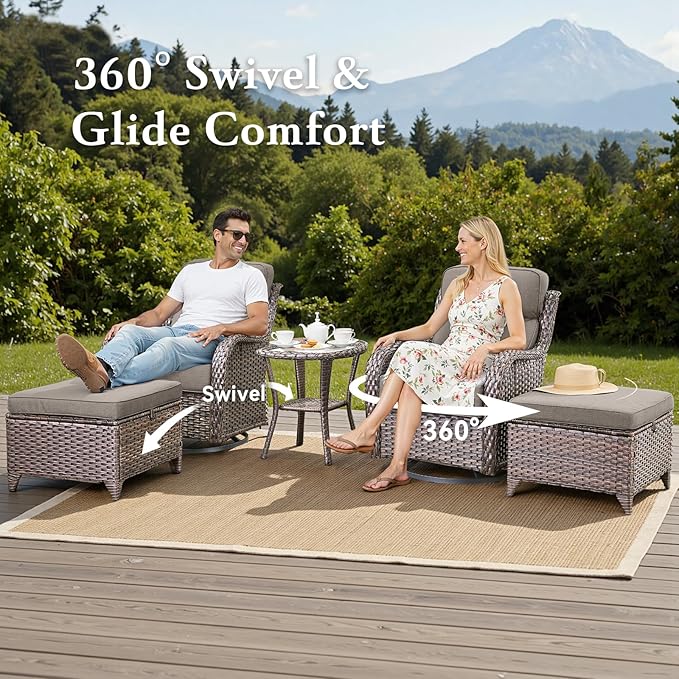 Belord Luxury 6" Thick Cushioned 5 Pieces Patio Furniture Set with 2 Ottomans, Wicker Outdoor Conversation Set with High Back Swivel Rocker Patio Chairs for Deck Porch Yard and Poolside - Brown+Grey