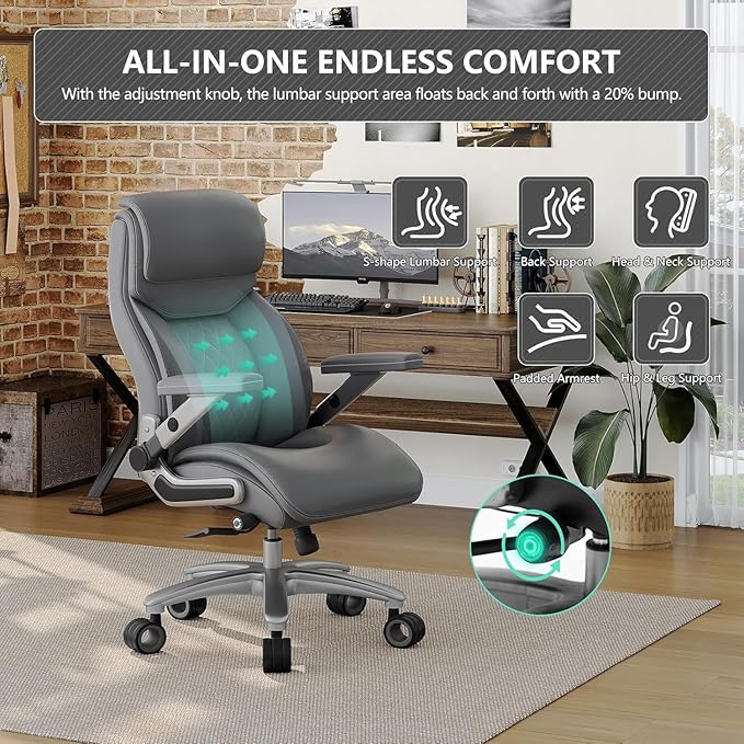 Big and Tall Office Chair with 5D Arms, 600lbs Heavy Duty Desk Chair with Adjustable Lumbar Support, PU Leather High Back Ergonomic Executive Computer Chair with 3'' Silent Casters