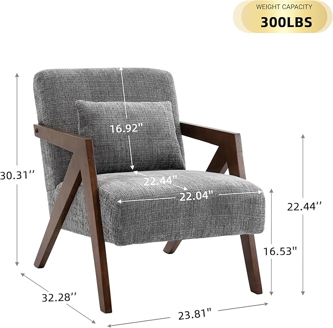 Mid-Century Modern Accent Chair Set of 2 with Solid Wood Frame，Upholstered Chenille Living Room Arm Chairs with Pillow for Bedroom, Living Room, Reading Room, Balcony, Grey