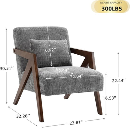 Mid-Century Modern Accent Chair with Solid Wood Frame，Upholstered Chenille Living Room Arm Chairs with Pillow for Bedroom, Living Room, Reading Room, Balcony, Grey