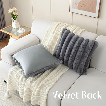 FUTEI Grey Decorative Throw Pillow Covers 22x22 Inch Set of 2, Square Soft Faux Rabbit Fur Thick Striped Cushion Cover,Winter Home Decor for Couch Bed Living Room