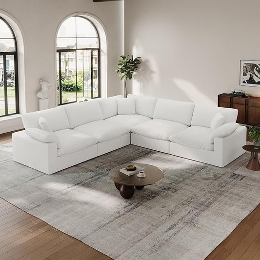 Cloud White Modular Couch for Living Room,5 Seat V Shape Linen Blend Sofas,Modern Deep Seat Cloud Sofas,Convertible Comfort Down Filled Sectional Couches,Removable Washable Cushion Covers
