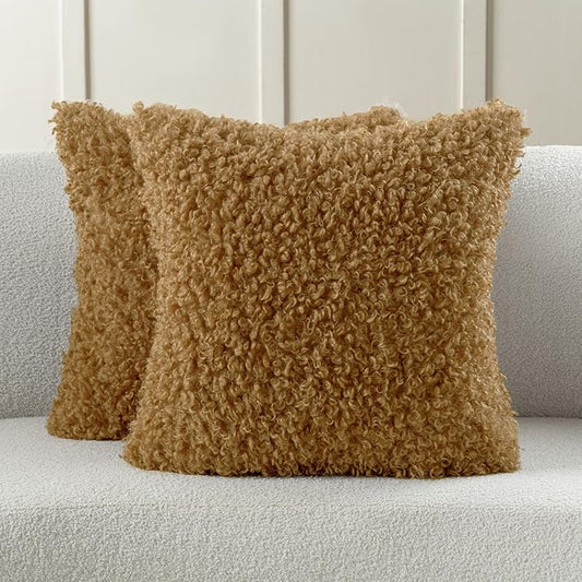 FUTEI Camel Decorative Throw Pillow Covers 20x20 Inch Set of 2,Soft Fluffy Faux Wool Fur Boucle Textured Cushion Case,Modern Home Decor for Couch Bed Living Room Office
