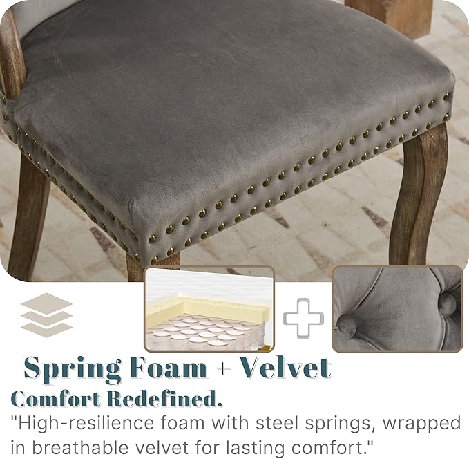 Velvet Dining Chairs Set of 4, Solid Wood Handles, Wooden Upholstered Dining Chair, Vintage Copper Nail Decoration, Mid Century Modern Kitchen Chair (Grey, Set of 4)