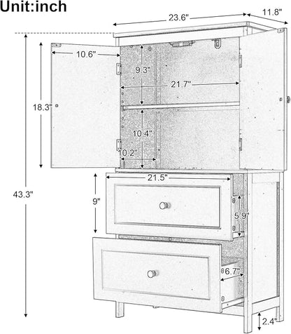 Tall Storage Cabinet, Bathroom Floor Freestanding Storage Cabinet with 2 Doors and 2 Drawers for Bathroom, Office, Living Room, White