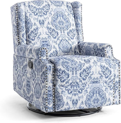 UIXE Swivel Rocker Manual Recliner Chair, Wingback Swivel Glider Fabric Nursery Reclining Sofa Chair, High Back Upholstered Arm Chair for Living Room Bedroom - Navy Floral