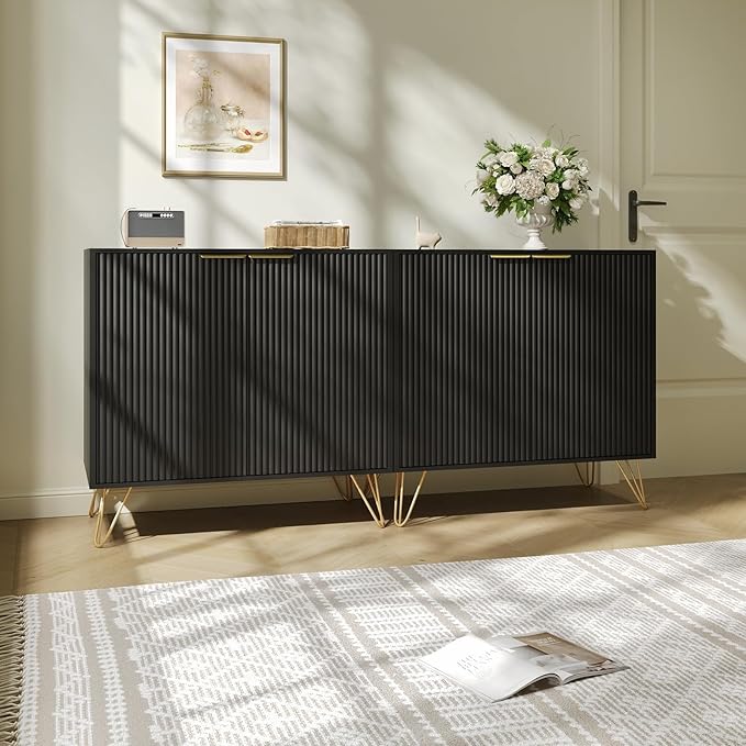 Fluted Storage Cabinet, Set of 2, Sideboard Buffet Cabinet, Modern Wood Accent Cabinet with Adjustable Shelves, Console Table for Living Room, Hallway, Entryway, Black