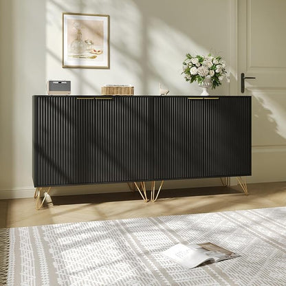 Fluted Storage Cabinet, Set of 2, Sideboard Buffet Cabinet, Modern Wood Accent Cabinet with Adjustable Shelves, Console Table for Living Room, Hallway, Entryway, Black