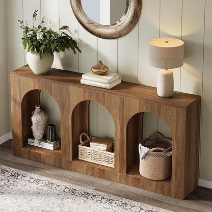 Tribesigns 70.9" Console Table with Storage, Wood Entryway Entry Table with 3 Arched Shelves for Foyer, Hallway, Living Room, Behind Couch Sofa, Narrow Long, Brown