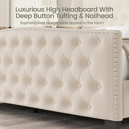 LARMACE King Size Bed Frame Velvet Upholstered Platform Bed with Wingback Headboard & Footbaord, Deep Button Tufted Bed Frame with Wood Slats Support, No Box Spring Needed, Beige