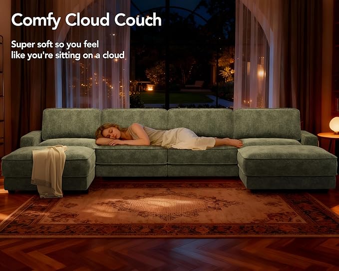 Sunny Heart 160" U-Shaped Modular Sectional Sofa, Oversized Cloud Couch with Movable Ottoman, 6-Seat Chenille Deep Seat Sofa with Pillow, Sectional Couches for Living Room, Apartment, Green
