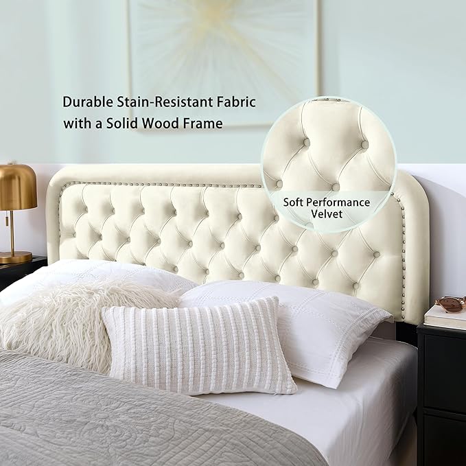 Tufted Upholstered Headboard,Button Solid Wood HeadBoards with Adjustable Height,Modern Performance Velvet Bed Head Boards,Easy Install&Nailhead (Beige, Full)