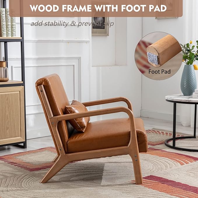 ANJHOME Mid Century Modern Accent Chairs Set of 2, PU Leather Reading Chair with Solid Wood Frame, Easy Assembly Armchair for Living Room