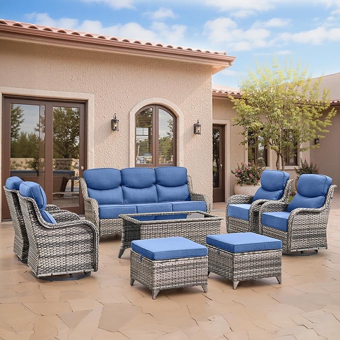 Swivel Patio Chairs sofa Set of 8 with 6" Thick Cushion - Wicker Outdoor Swivel Rocker Patio Chair ,Sofa/Glass coffee table, High Back Comfortable Outdoor Glider Chairs - Gery Wicker | Blue Cushions