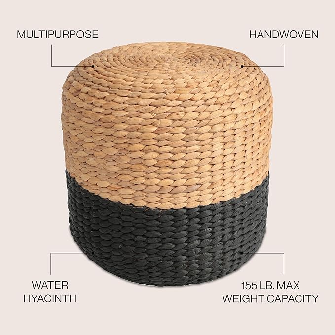 JONATHAN Y TBL2500A Aimee 15.7" Modern Minimalist Two-Tone Hand-Woven Hyacinth Ottoman for Living Room, Bedroom, Entryway, Foyer, Natural Seagrass Foot Stool, Handwoven Footrest, Natural/Black