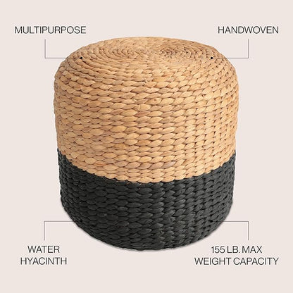 JONATHAN Y TBL2500A Aimee 15.7" Modern Minimalist Two-Tone Hand-Woven Hyacinth Ottoman for Living Room, Bedroom, Entryway, Foyer, Natural Seagrass Foot Stool, Handwoven Footrest, Natural/Black