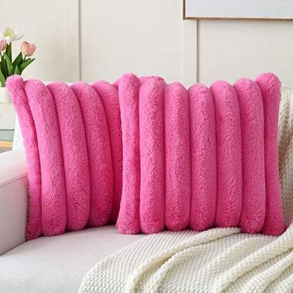 FUTEI Hot Pink Decorative Throw Pillow Covers 24x24 Inch Set of 2, Square Soft Faux Rabbit Fur Thick Striped European Cushion Covers,Winter Home Decor for Couch Bed Living Room