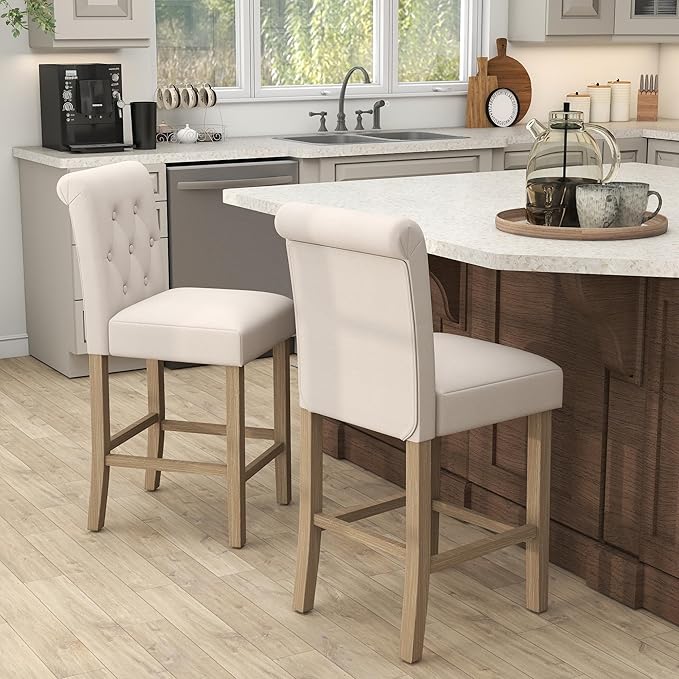 GOTMINSI 24" Bar Stools Set of 4 for Kitchen Island Upholstered Counter Height Bar Stools with Button Tufted Decoration Barstools Home Kitchen Island Wooden Bar Chairs Beige