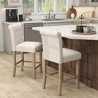 GOTMINSI 24" Bar Stools Set of 2 for Kitchen Island Upholstered Counter Height Bar Stools with Button Tufted Decoration Barstools Home Kitchen Island Wooden Bar Chairs Beige