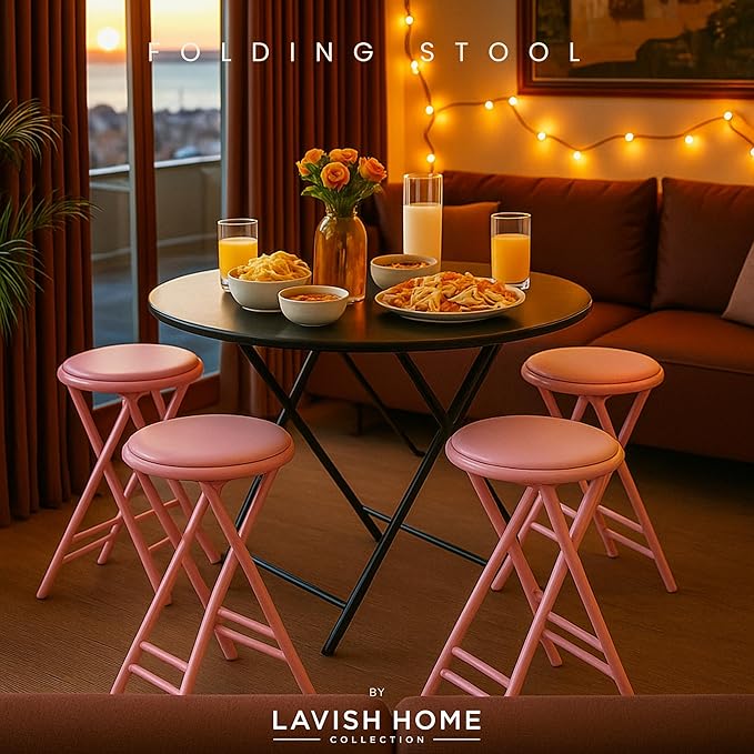 Lavish Home Set of 4 Counter Height Bar Stools – 24-Inch Backless Folding Chairs with 225lb Capacity for Kitchen, Rec Room, or Game Room (Pink)