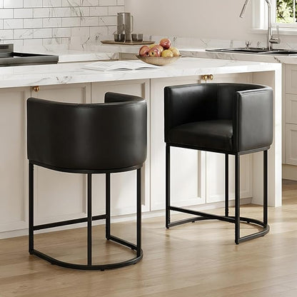 PU Leather Bar Stools Set of 2, Modern Upholstered Counter Height Bar stools 24" Leather Barstools Barrel Kitchen Counter Island Stools with Black Metal Base, Black