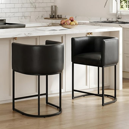 PU Leather Bar Stools Set of 2, Modern Upholstered Counter Height Bar stools 24" Leather Barstools Barrel Kitchen Counter Island Stools with Black Metal Base, Black