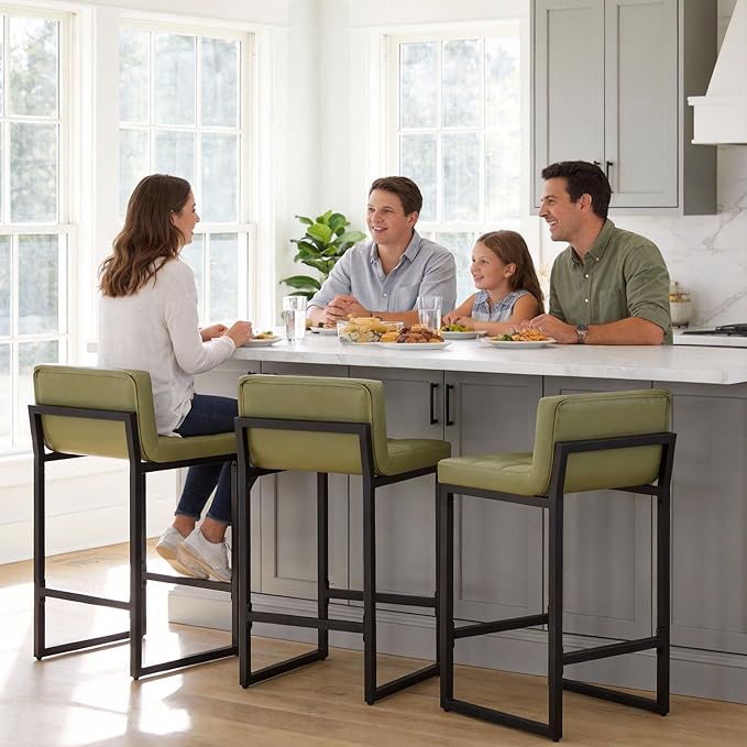 Bar Stools Set of 3, Upholstered PU Leather Counter Height Barstools with Low Back and Thickened Metal Legs, Modern Counter Stools for Kitchen Island (Avocado Green, 3Pcs 26" Bar Stools)