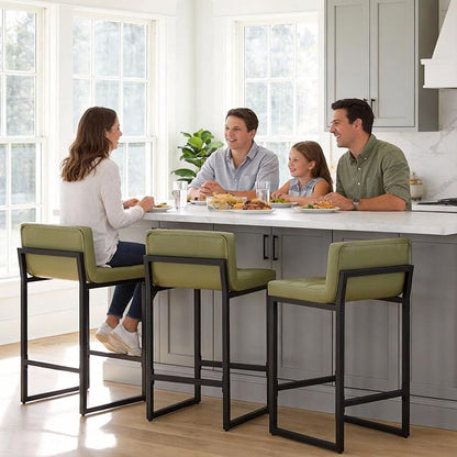 Bar Stools Set of 3, Upholstered PU Leather Counter Height Barstools with Low Back and Thickened Metal Legs, Modern Counter Stools for Kitchen Island (Avocado Green, 3Pcs 26" Bar Stools)
