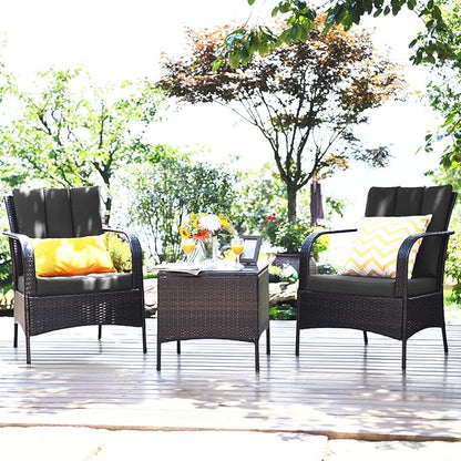 COSTWAY 3 Pieces Patio Rattan Furniture Set, Outdoor Conversation Chair Set with Coffee Table & 2 Cushions for Backyard, Porch, Poolside, Lawn, Garden, Grey