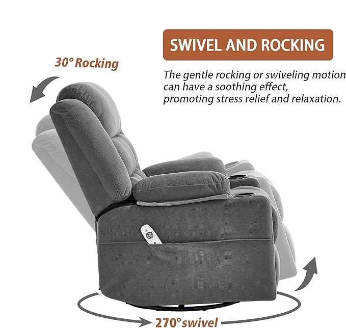 Swivel Rocker Recliner Chair for Adults with Massage and Heat, Cup Holders and Side Pockets, Glider Rocking Reclining Single Sofa Chair for Living Room (Dark Gray)
