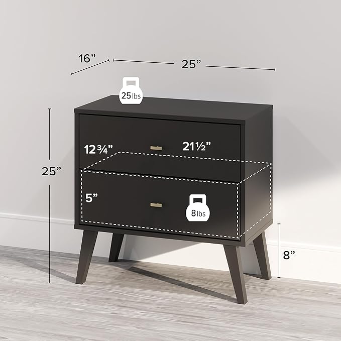 Prepac Milo Mid-Century Modern 2 Drawer Nightstand, Bedside Table, Contemporary Bedroom Furniture, 16"D x 25"W x 25"H, Black