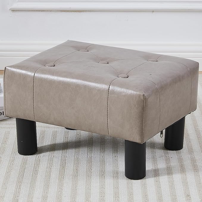 Small Foot Stool Ottoman, Faux Leather Footstool Ottoman Foot Rest for Couch, Rectangle Footstools and Ottomans Small for Living Room, Entryway and Bedroom (Gray)