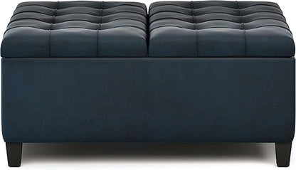 SIMPLIHOME Harrison 36 inch Wide Traditional Square Coffee Table Storage Ottoman in Distressed Dark Blue Vegan Faux Leather, Assembled, For the Living Room and Bedroom