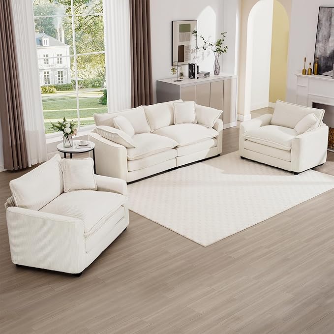 mikibama Luxury 3 Piece Sofa Set, Loveseat Couch & 2 Single Sofa Set, Modern Corduroy Comfy Cloud Couches Set for Living Room Office with 2 Armrest Pillows and 4 Toss Pillows, Beige