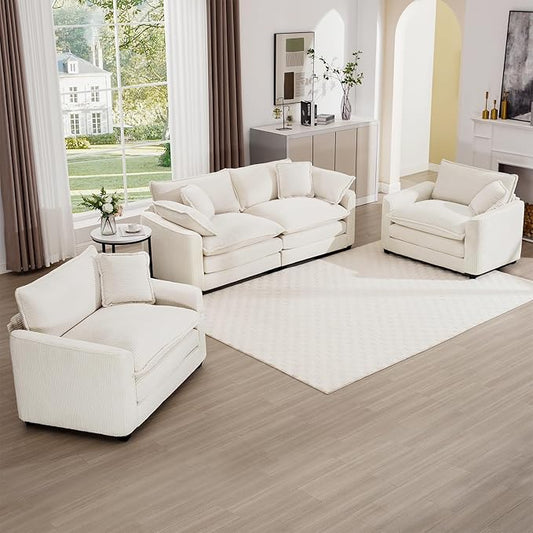 mikibama Luxury 3 Piece Sofa Set, Loveseat Couch & 2 Single Sofa Set, Modern Corduroy Comfy Cloud Couches Set for Living Room Office with 2 Armrest Pillows and 4 Toss Pillows, Beige