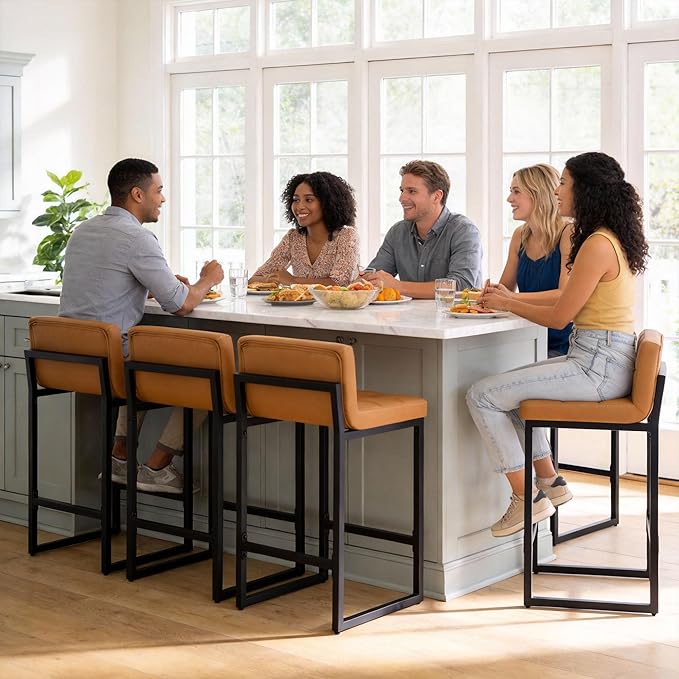Bar Height Stools Set of 4, PU Leather Barstools Modern Counter Stools with Back and Thickened Metal Legs, Bar Chairs for Kitchen Island (Caramel Brown, 4Pcs 26" Bar Stools)