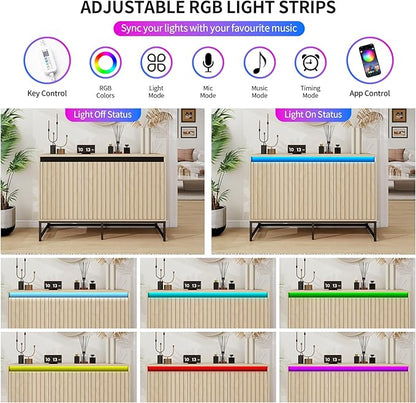 Fluted Sideboard Buffet Cabinet with Storage, 47" Wood Storage Cabinet with Doors and Adjustable Shelves LED Light, Modern Credenza for Kitchen, Dining Room, Living Room, Entryway, Oak