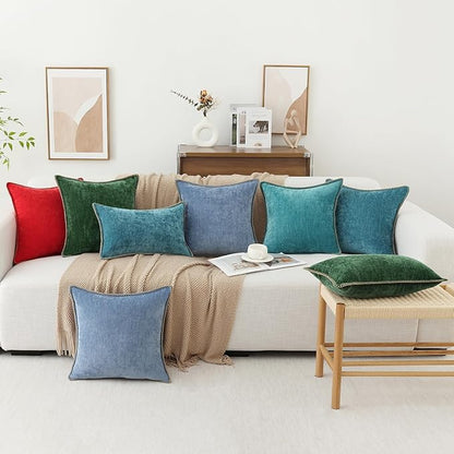 decorUhome Chenille Soft Throw Pillow Covers 26x26 Set of 2, Farmhouse Velvet Neutral Decorative Euro Pillow Covers with Stitched Edge for Couch Sofa Bed Home Decor, Blue