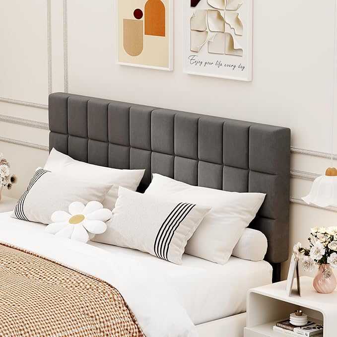 ALISH Velvet Tufted Headboard with Adjustable Height and Width, Foldable Upholstered Headboard with Metal Legs for King Size (Gray Velvet, Queen)