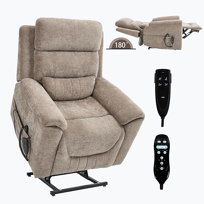 PELUMY Power Lift Recliner Chair for Elderly with Massage and Heat, Dual Motor Heavy Duty 350lbs Recliner, 8-Point Vibration & Lumbar Heating, Electric Lift Chair (Chenille, Khaki)