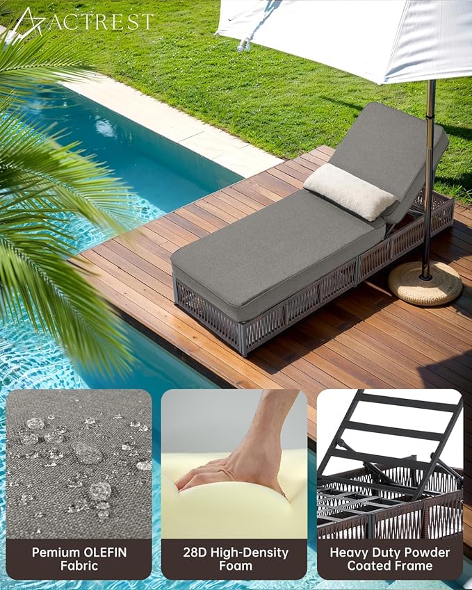 Luxury 2PCS Outdoor Chaise Lounge and Side Table Set with 5 Inch Thick Cushions - High Back Brown Wicker Patio Recliners Chairs Lounger for Poolside Pool Porch Garden Sunbathing - Grey