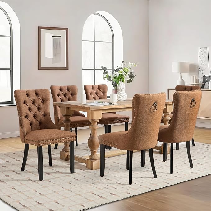 Linen Upholstered Dining Chairs Set of 6, Modern Style Kitchen Side Chairs with Nailhead Trim and Wood Leg, Metal Pulling Ring for Dining Room Living Room(Coffee,Set of 6)