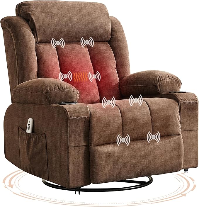 Rocking Recliner Chair with Heat and Massage, Nursery Recliner 360° Swivel Oversized Chairs for Adults, Lazy Boy Single Sofa Seat with 3 Positions, 2 Side Pockets, Cup Holders, and USB Ports, Brown