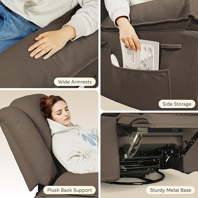 FLEXISPOT 360° Swivel Rocker Recliner with Massage & Heat for Adults, Manual Rocking Chair with USB Port & Side Pocket, Swivel Glider Recliner for Living Room Apartment Small Spaces, Brown